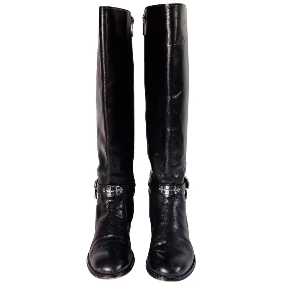 Michael Kors Arley Tall Boots Womens 6.5 Black Leather Equestrian Flat Knee High